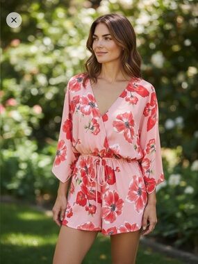 Pink Lily Floral Tropical Romper S Pink Red Cover-Up Pool Vacation Pockets Boho